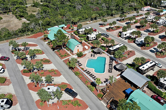 aerial view of the pool and rv spots