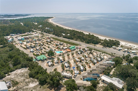 aerial view looking over the resort toward the beach